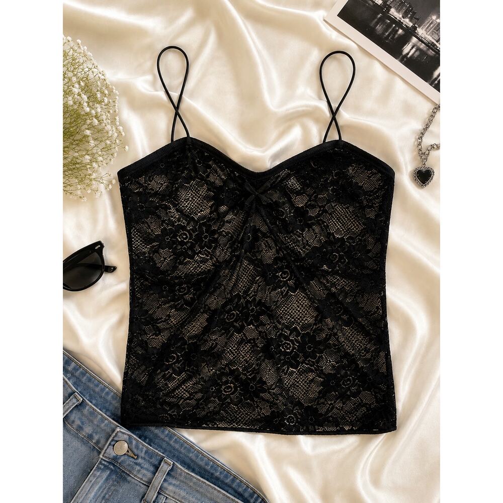 NWT Wild Fable Black Sheer Floral Lace Cami XL Y2K Coquette Mesh Top